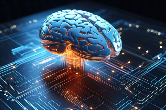 Close up view of a brain on a circuit. This image can be used to illustrate concepts related to technology, neuroscience, artificial intelligence, and futuristic innovation
