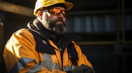 An industrial engineer wearing safety gear and smiling at a construction site, emphasizing safety, professionalism, and development