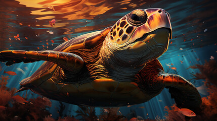 Charming turtle playing at coral reef underwater. sea turtle close up over coral reef. generative ai