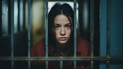 A beautiful young woman in prison looks out the window with a sad and lonely expression on her face.Generated AI.
