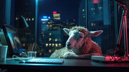 A sheep is laying on a desk in front of a laptop in an office. Generative AI.