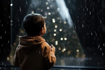 The boy watches the snow fall outside the window. Christmas banner, New Year mood