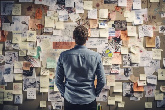A man in a business suit is absorbed in contemplation in front of a cluttered and elaborate board full of notes and pictures, representing deep investigation or complex problem-solving.