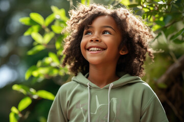 A young boy wearing a green hoodie with the letter h on it