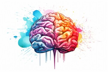 A drawing of a brain with colorful paint splatters. Perfect for illustrating creativity and the complexity of the mind