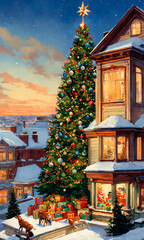 A Christmas tree with lights and toys stands in the square of the snow-covered city. There are gifts under the tree