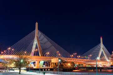 Bridge in Boston. Long Exposure Night Photography. Leonard P. Zakim Bunker Hill Memorial Bridge. Massachusetts, USA