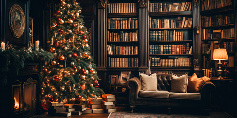Living room library with books and fireplace, decorated with wreath and Christmas tree, interior home design, wide banner