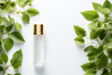 Cosmetic transparent glass bottle with dropper on white background with leaves.