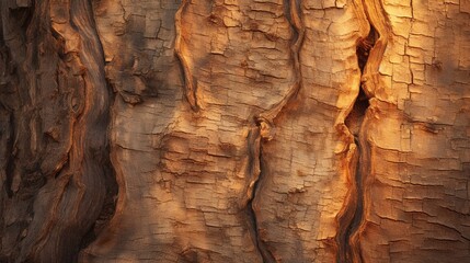 The textured bark of an ancient tree, bathed in the soft glow of the morning sun.