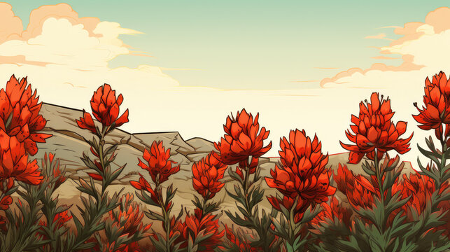 Field of Indian Paintbrush wildflowers, illustration