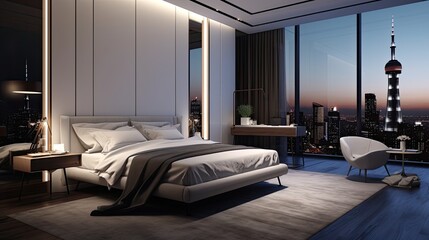 a modern and luxurious hotel room with a stunning view of the city skyline, the upscale ambiance of a 5-star accommodation.