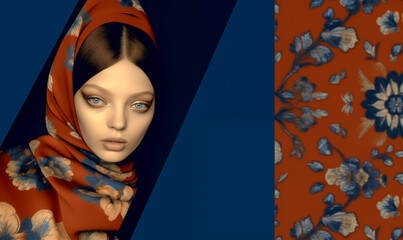 A muslim model woman with her scarf on, in the style of collage-style compositions, dark orange and dark azure, luxurious drapery, photo-realistic compositions, arabesque