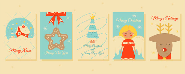 Set of Christmas and New Year posters and greeting cards in retro style. 