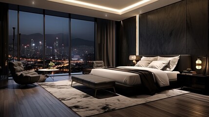 a modern and luxurious hotel room with a stunning view of the city skyline, the upscale ambiance of a 5-star accommodation.