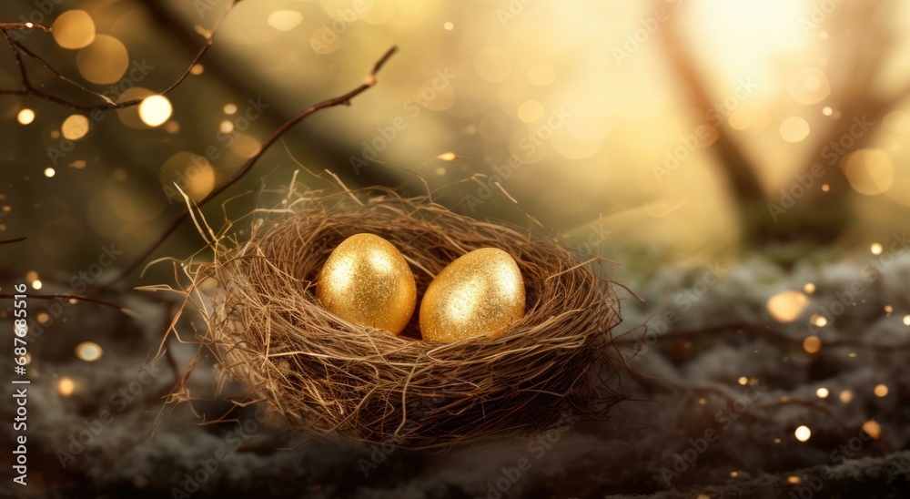 Canvas Prints Golden eggs in nest on tree branches with bokeh light background. Generative AI.