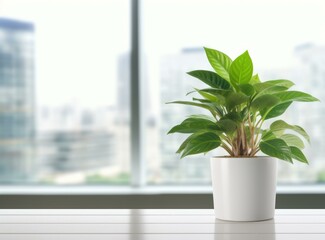A plant in a white pot on a table in front of a window. Generative AI.