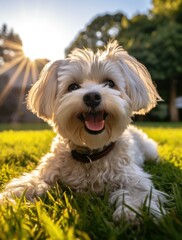 A small white Maltese dog is sitting in the grass. Generative AI.