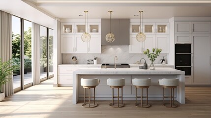 Fototapeta na wymiar a beautiful white kitchen in a new luxury home, a large island, pendant lights, and wood floors, the composition in a minimalist, modern style.