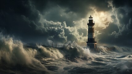 A solitary lighthouse standing tall against the crashing waves of a stormy sea.