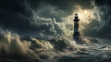  A solitary lighthouse standing tall against the crashing waves of a stormy sea. © Image Studio
