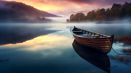 A solitary boat resting on the still waters of a mist-covered lake at dawn. - obrazy, fototapety, plakaty