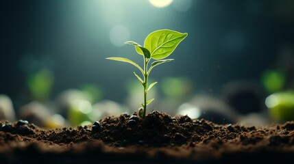 Closeup of a young plant sprout in soil, symbolizing growth, new life, and environmental sustainability