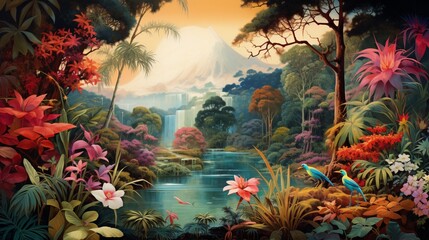 Tropical paradise with exotic birds and lush foliage in a lively illustrated landscape