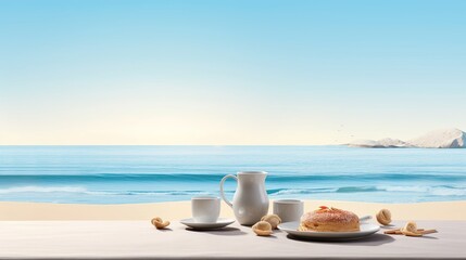 Fototapeta na wymiar morning and breakfast on a serene sea beach, the composition in a minimalist, modern style, emphasizing the peaceful ambiance of the seaside.