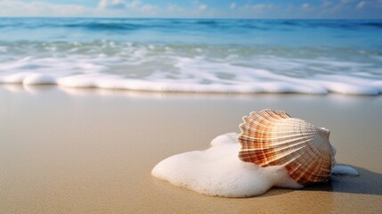 Fototapeta na wymiar Waves gently lapping against a deserted shore, with a solitary seashell resting on the sand.