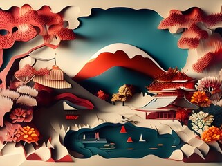 Japan Village Paper Art landscape nature plant colorful