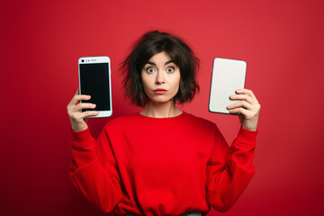 A startled young woman in a red sweatshirt holding two smartphones in each hand with a comically...