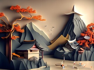 A paper cut out of a mountain landscape the foreground and a mountain in the background.