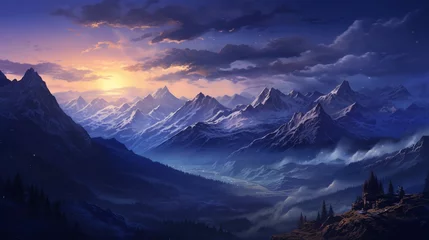 Gordijnen The rugged beauty of a mountain range silhouetted against the fading twilight. © art design