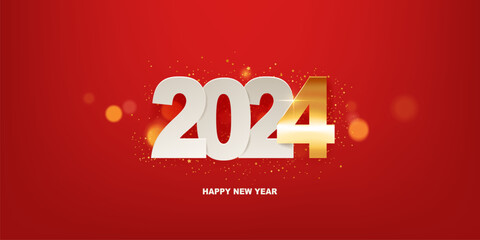Happy New Year 2024. White paper numbers with confetti, against a red background.