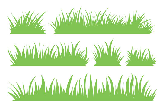 Green grass, vector set for drawing pictures in flat style. Natural material for design, flyers, banners, easter.