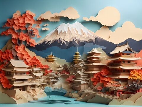 Japan Village Paper ArtAbstract background Mt.Fuji in Japan landscape, Sakura and sky in paper art and craft design concept.
