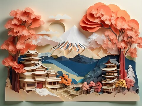 Japan Village Paper Art Japan landscape, Sakura and sky in paper art.