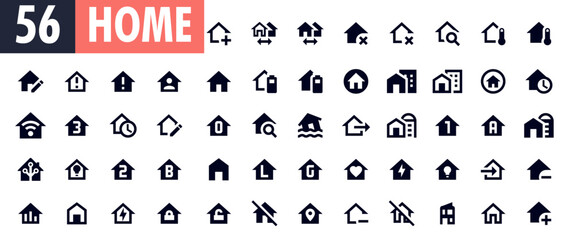 Home icons 56. House symbol. Set of real estate objects and houses black icons isolated on white background. Vector illustration.