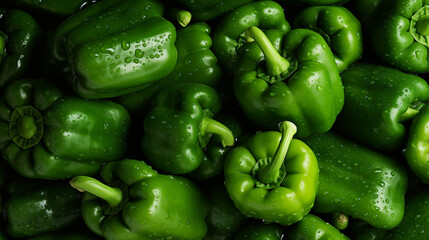 Fresh green peppers group with seamless background, decorated with glistening droplets of water. Shot top down view. Healthy and beautiful food photography for a magazine and commercial advertising