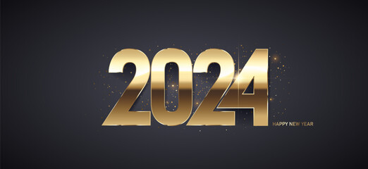 Happy new year 2024 background. Golden shiny numbers with confetti on black background. Holiday greeting card design.