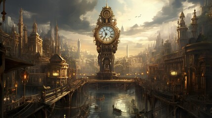 A steampunk-inspired cityscape with towering clockwork structures.