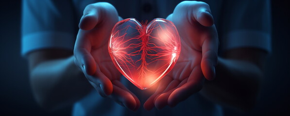 Hands holding a red heart. Concept health care, love, organ donation, world heart day, world health day, donation charity, national organ donor day, world mental health day