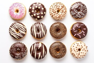 Set of 12 different colorful donuts isolated on white background. In glaze, with chocolate, with sprinkles, toppingt. View from above. - obrazy, fototapety, plakaty