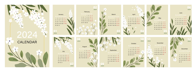12-month calendar for 2024. Set for 12 months and a case. Vector A3 calendar template with delicate white flowers.