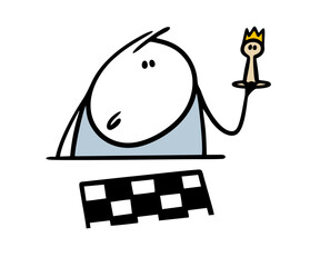 Stickman boy sits at table and holds a chess piece and a board. Vector illustration of a child playing. An intelligent strategy game for the smart.