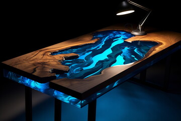 River dining table made of wood and epoxy resin - obrazy, fototapety, plakaty