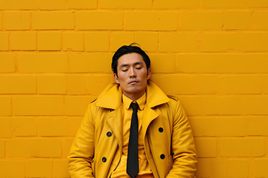 portrait of an asian man in front of yellow painted brick wall