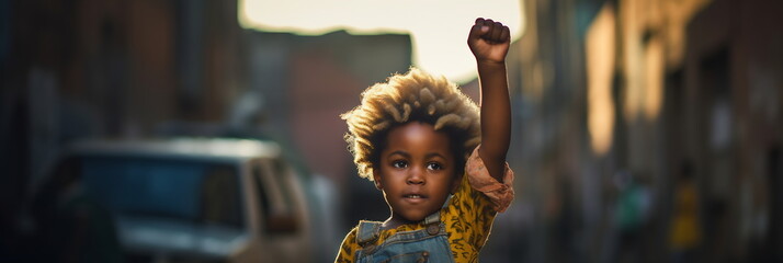 Black child is with their fist raised in the air. Crowd of people on background. Possibly at a protest or gathering.  - obrazy, fototapety, plakaty
