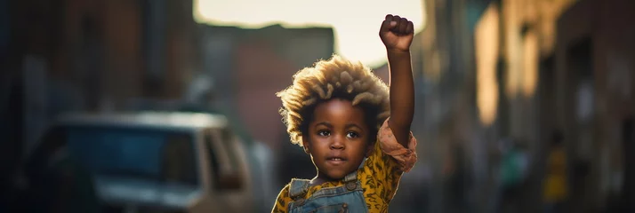 Foto op Canvas Black child is with their fist raised in the air. Crowd of people on background. Possibly at a protest or gathering.  © Canvas Alchemy